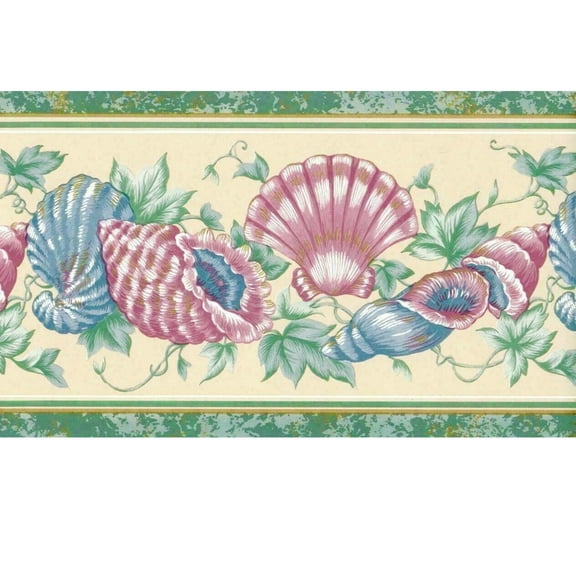 TRIMZ Traditional Seashell with Ivy Vine Wallpaper Border, Pre-pasted 15 ft x 6.87 in., Green, Pink, Blue, Yellow
