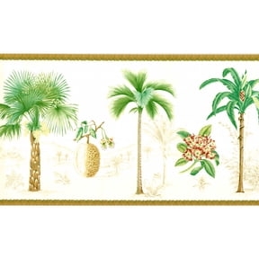 TRIMZ Tropical Palm Tree Wallpaper Border - White, Green, Brown 15' L x 12.6" W - Kitchen Wall Border