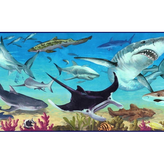 TRIMZ, Underwater Sharks Sea Life, Wallpaper Border, Pre-pasted, 15 ft L x 10.25 in W, Blue