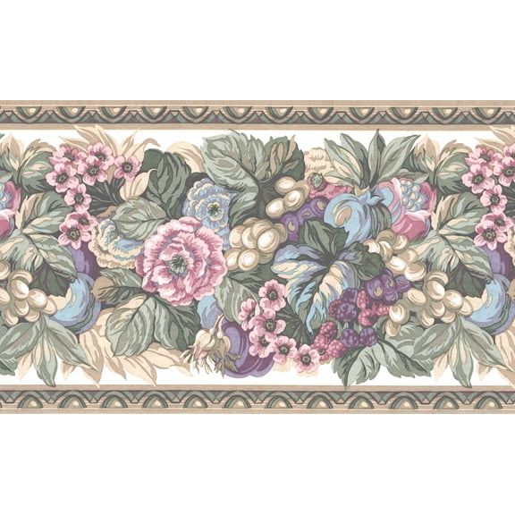 TRIMZ, Vintage Floral Botanical, Wallpaper Border, Unpasted, 15 ft L x 13.5 in W, Blue, Pink, Cream