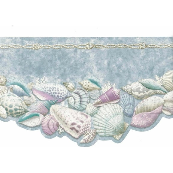 TRIMZ Wallpaper Border Pastel Blue & White Seashells, Beach-Themed Bathroom or Kitchen Dcor, Pre-Pasted, 15 Ft x 7 in.