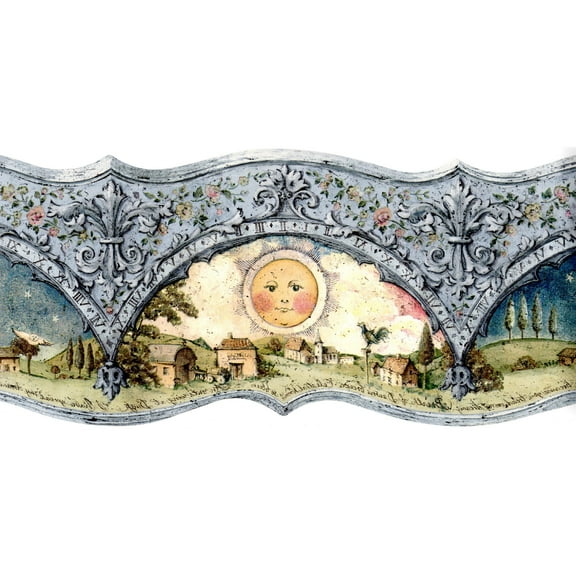 TRIMZ Celestial Wallpaper Border, Whimsical Sun & Moon, Scalloped Floral & Architectural Accents, Bedroom & Nursery Decor, Removable , 15 Ft x 8 in.