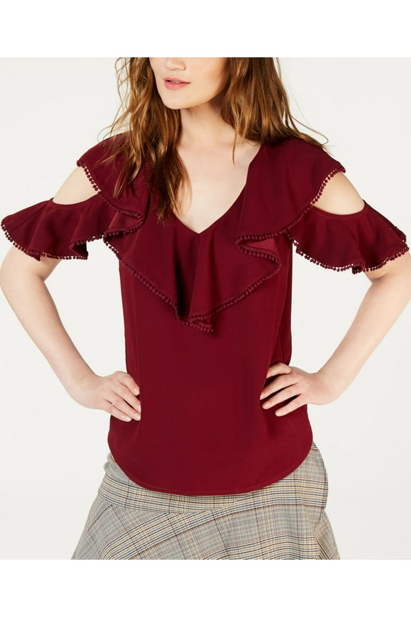 $228 Womens New 1376 Maroon Serenidad Cold Shoulder Flutter Top M B+B