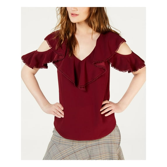 TRINA TURK $228 Womens New Maroon Serenidad Cold Shoulder Flutter Top S B+B