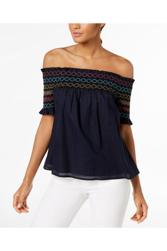 Womens Navy Embroidered Smocked Short Sleeve Off Shoulder Top XS