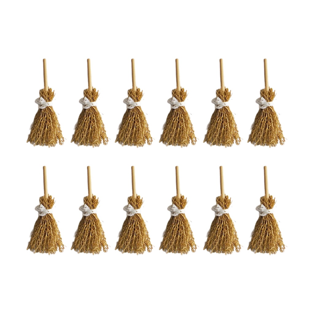 TRINGKY 12Pcs Miniature Artificial Mini Straw Broom with Rope Halloween Hanging Decoration Toys