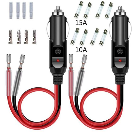 TRINGKY 2Pcs 12V Car Fused Replacement Cigarette Lighter Plug with 15cm Leads 15A Fuse