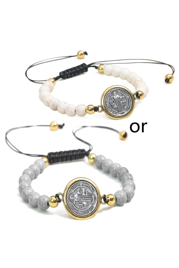 Adjustable Beaded Bracelet Vintage Saint Benedict Medal for Women Men Home Gift