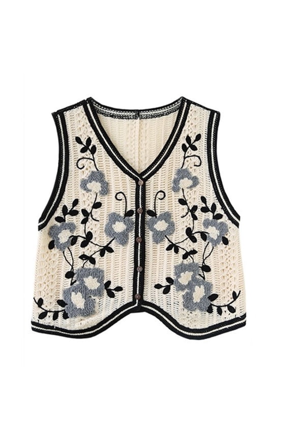 Korean Style Women Crochet Knit Crop Top Vest Vintage Floral Embroidery Sleeveless Cardigan for Jacket Button Down Boho Hippie Slim Waistcoat