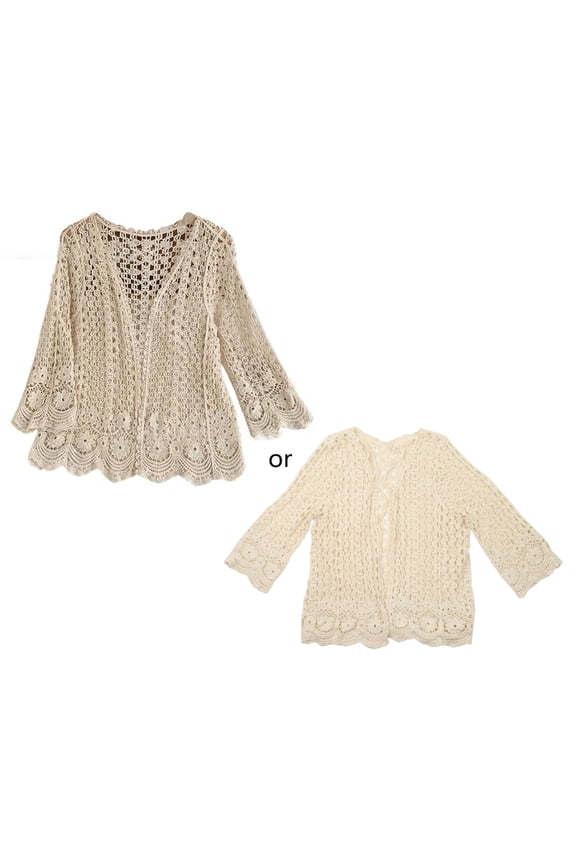 Women Long Sleeve Cardigan Hollow Out Crochet Knit Floral Sweater Cover Up Open Front Scalloped Mesh Beach Shrug Coat