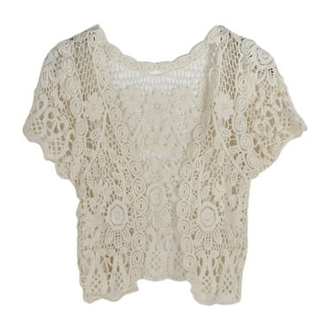 TRINGKY Women Short Sleeve Crochet Shrug Hollow Out Floral Lace Open Front Mini Cardigan