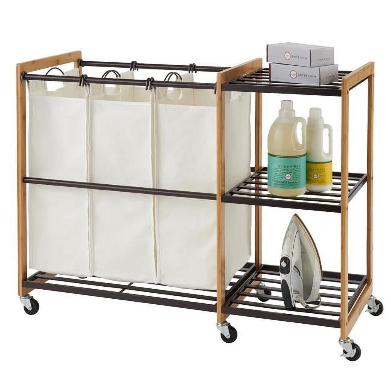 Bronze Bamboo 3-Bag Laundry Station with Wheels