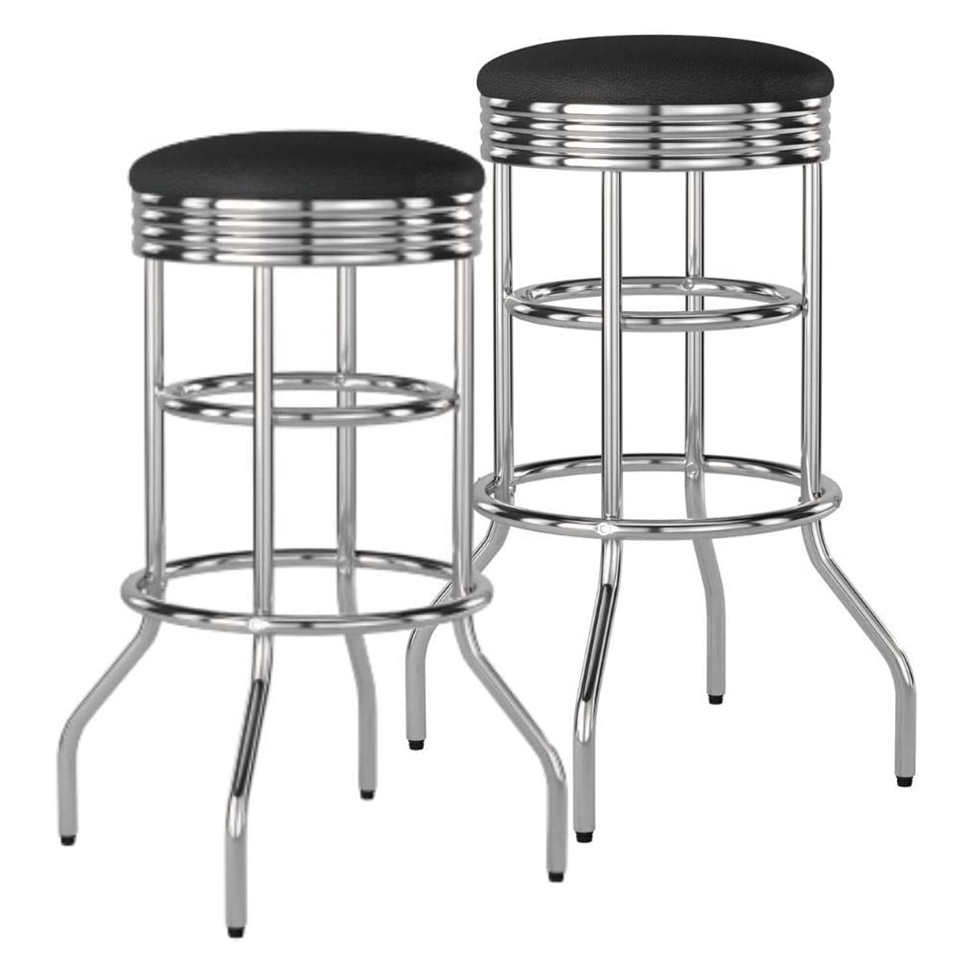 Black Faux Leather and Chrome Swivel Bar Stools, 30" Set