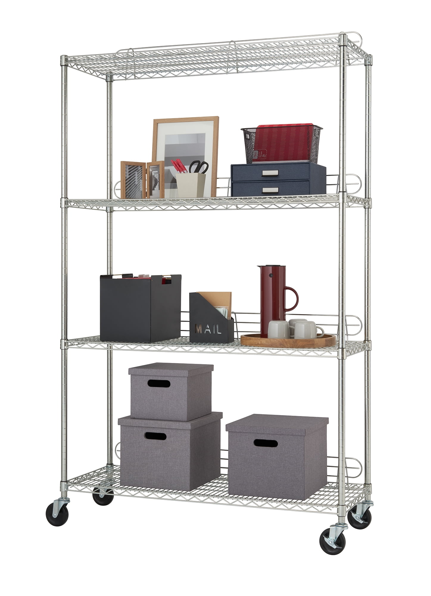 Adjustable Silver Steel 4-Tier Wire Shelving Unit with Wheels