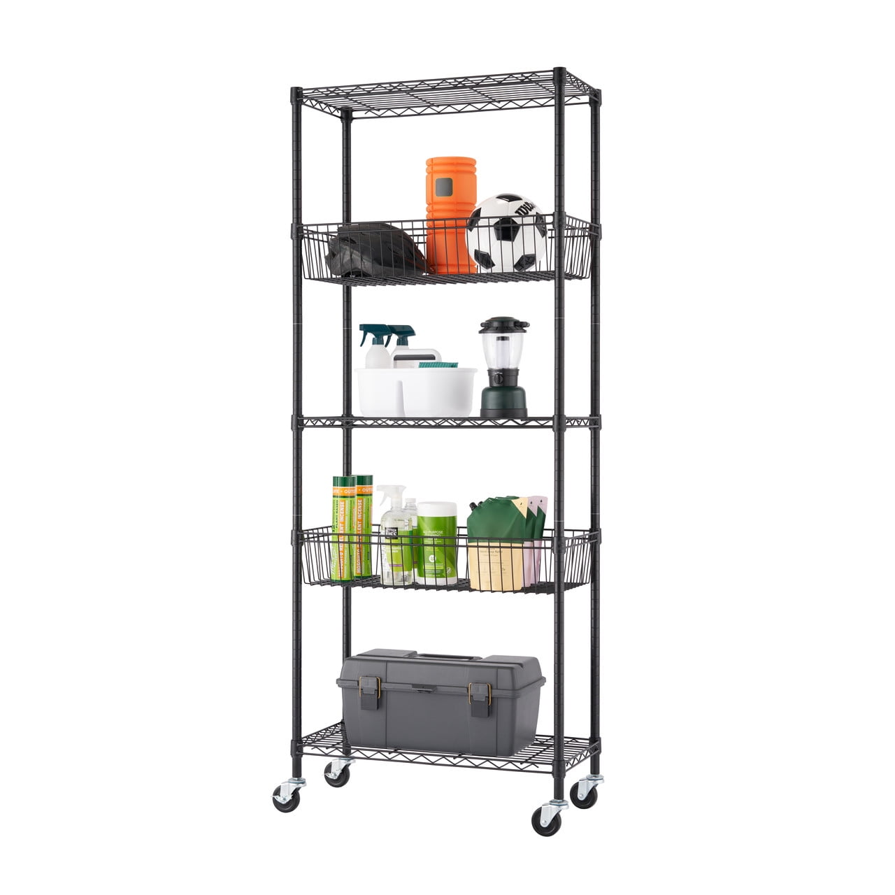 Black Powder-Coated Steel 5-Tier Wire Shelving Unit with Wheels