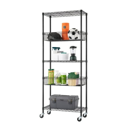 TRINITY 5-Tier 30x14x72 Modular Commercial Wire Shelving w/ Baskets & Wheels, NSF - Black