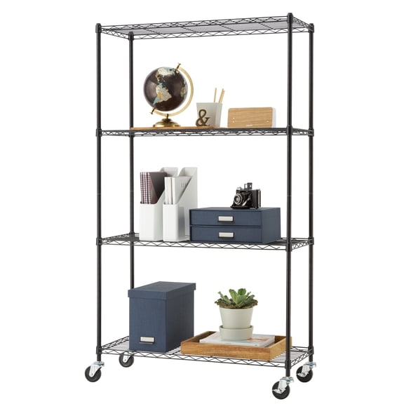 TRINITY BASICS® 4-Tier 36x14x60 Wire Shelving w/ Wheels, NSF - Black