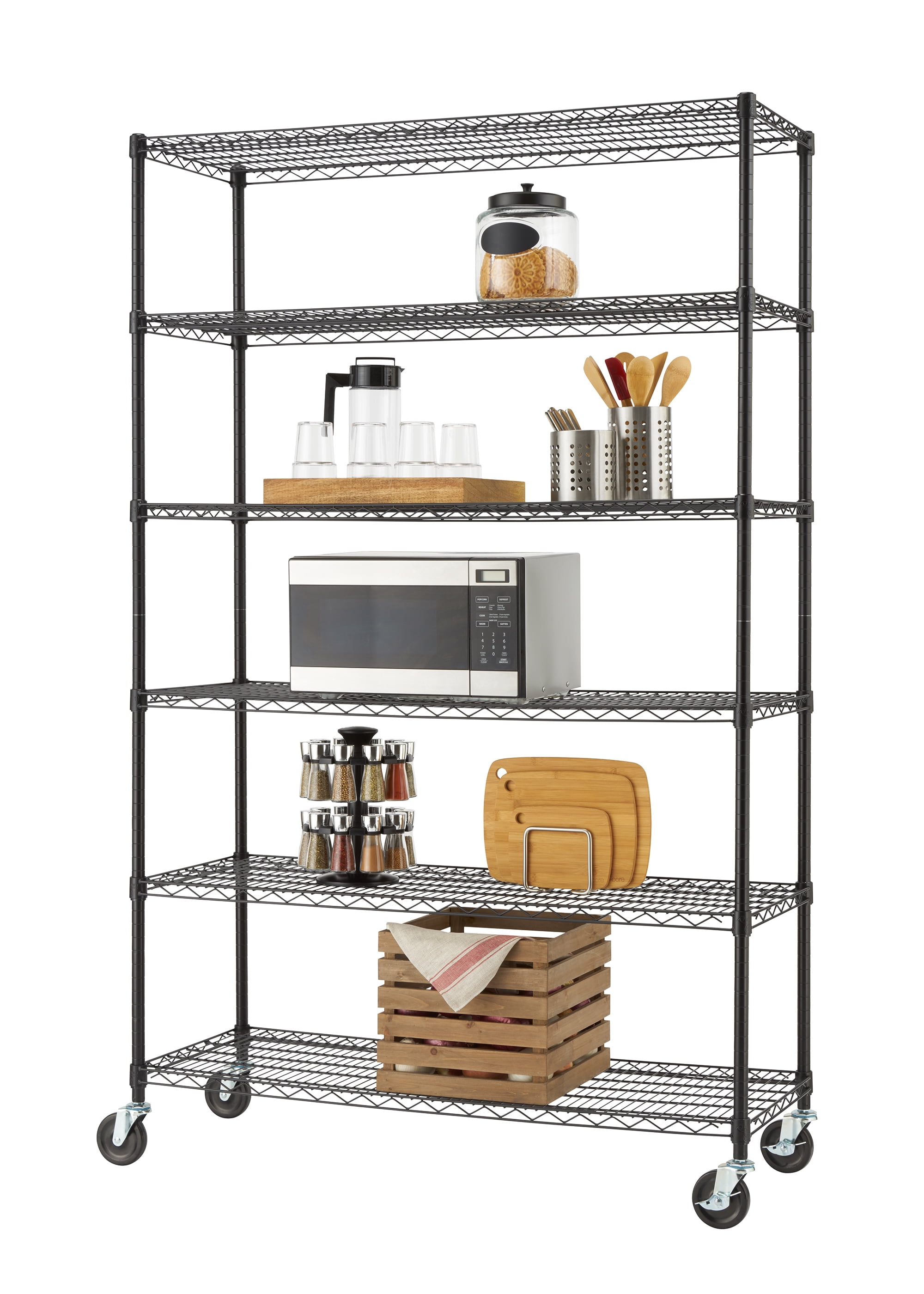 Black 6-Tier Steel Wire Shelving Unit with Wheels