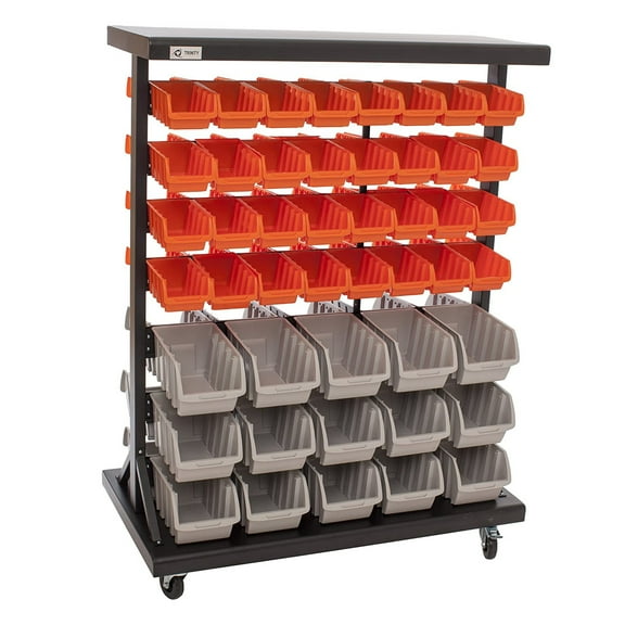 TRINITY Dual Sided Color Coded Rolling 94 Bin Storage Rack, Orange & Grey