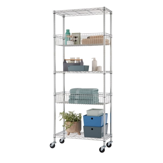 TRINITY EcoStorage® 5-Tier 30x14x72 Modular Commercial Wire Shelving w/ Baskets & Wheels, NSF - Chrome