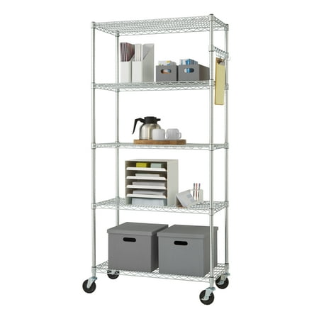TRINITY EcoStorage® 5-Tier Chrome Wire Shelving Rack w/ Sidebar and Wheels, 36x18x72 - NSF