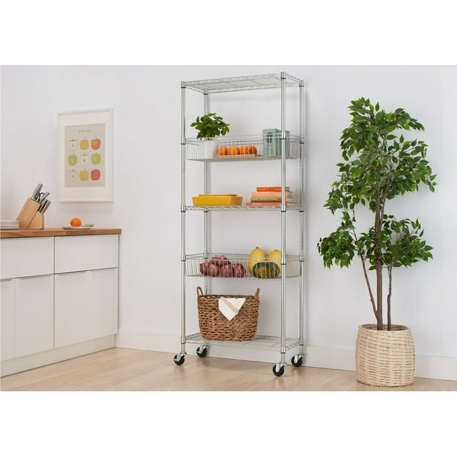TRINITY EcoStorage® 5Tier Wire Shelving w/ Baskets & Wheels NSF Chrome