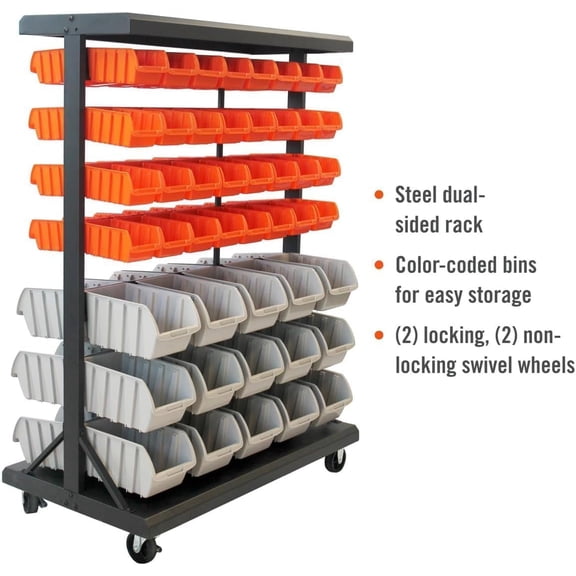 TRINITY Rolling Storage Bin Rack & Parts Organizer, 7-Tier Dual-Sided Bin Cart Shelving for Shop Storage, Nut and Bolt Organizer, Garage, Warehouse, Tools & Hardware, 330Lb Max, With Wheels, Black