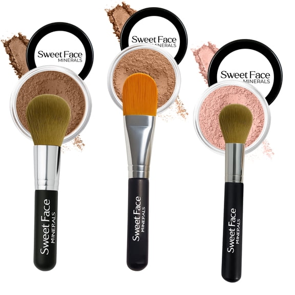 TRIO WITH BRUSHES (COCOA) Full Size Kit Mineral Makeup Brush Set Foundation Concealer Blush Bare Face Sheer Powder Cover