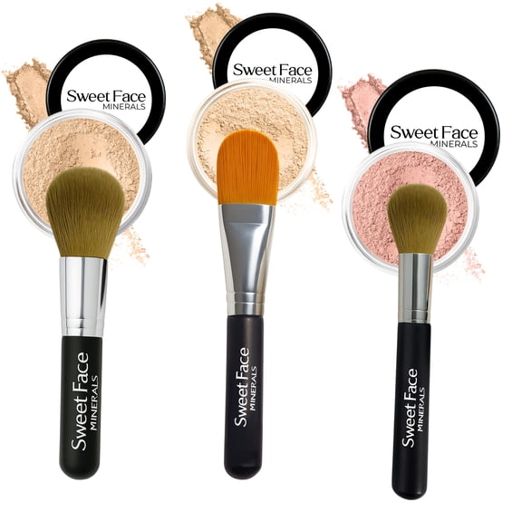 TRIO WITH BRUSHES (FAIR 2) Full Size Kit Mineral Makeup Brush Set Foundation Concealer Blush Bare Face Sheer Powder Cover