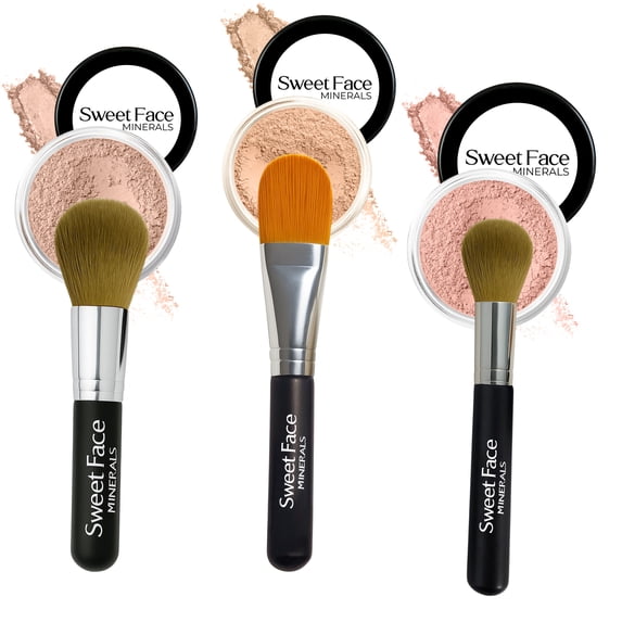 TRIO WITH BRUSHES (LIGHT TAN) Full Size Kit Mineral Makeup Brush Set Foundation Concealer Blush Bare Face Sheer Powder Cover