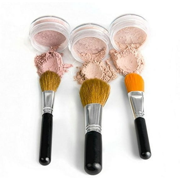 TRIO WITH BRUSHES (WARM Neutral Shade- Most Popular) Full Size Kit Mineral Makeup Brush Set Foundation Concealer Blush Bare Face Sheer Powder Cover