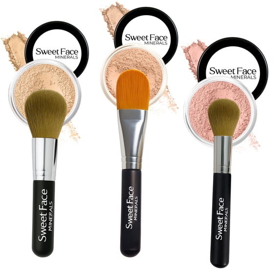 TRIO WITH BRUSHES (WARM Neutral Shade- Most Popular) Full Size Kit Mineral Makeup Brush Set Foundation Concealer Blush Bare Face Sheer Powder Cover