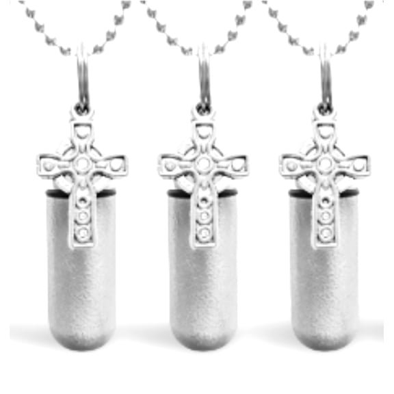 TRIO of Brushed Silver CELTIC CROSS CREMATION URNS with Engraved Hearts - Includes 24 Ball-Chains, Velvet Pouches and Fill Kit