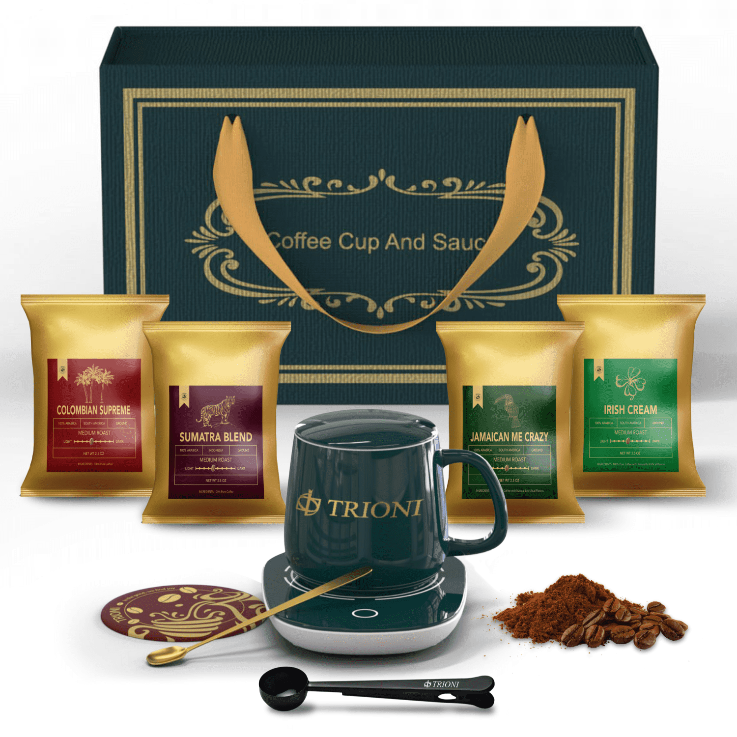 TRIONI Coffee Mug Warmer with Four (4x2.5oz) Flavored Ground Coffee Medium Roast Packets