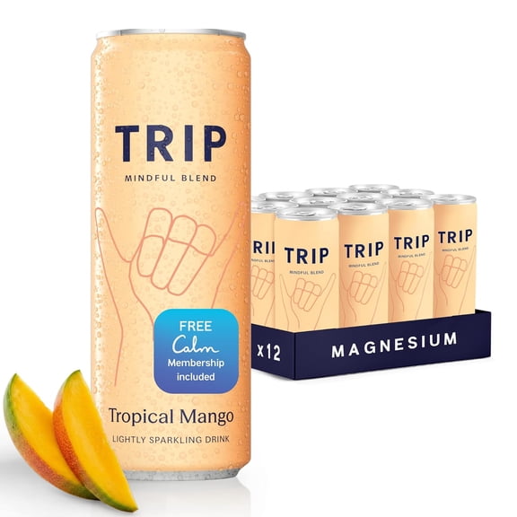 TRIP Lightly Sparkling Adaptogen Drink, Non Alcoholic Drink with Magnesium, Ashwagandha, Lions Mane & L Theanine, No Added Sugar Mocktail, Vegan, Tropical Mango, 12 Oz, 12Pk