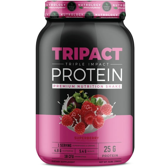 TRIPACT PROTEIN - Premium Nutrition Shake - Non-GMO Grass Fed Whey Protein, Plant Proteins, Greens, Superfoods and Probiotics–Lean Muscle-Recovery-Boost Performance - Superberry 3lb.