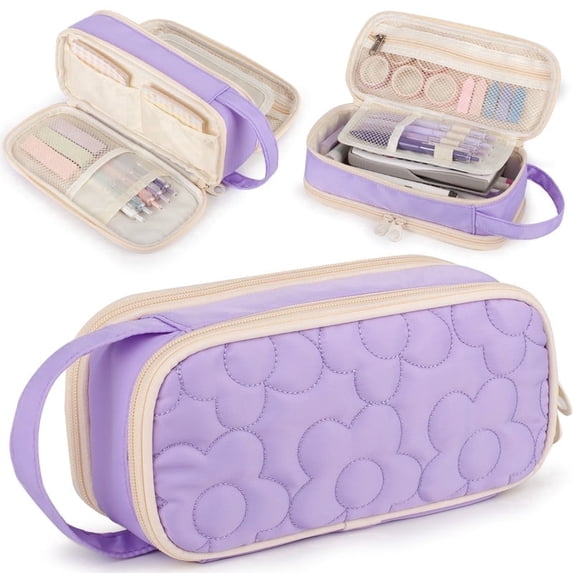 TRIPGEAR 2 Compartment Flower Quilted Pencil Pouch with Zipper Handle,Soft Box For School