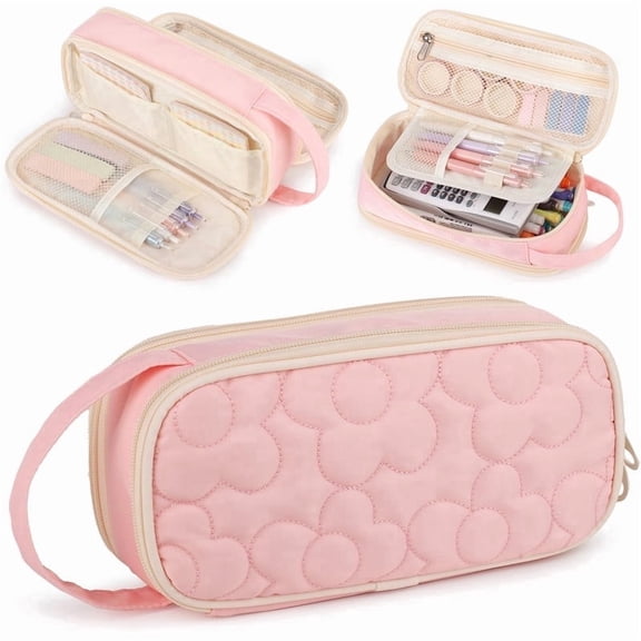 TRIPGEAR 2 Compartment Flower Quilted Pencil Pouch with Zipper Handle,Soft Box For School