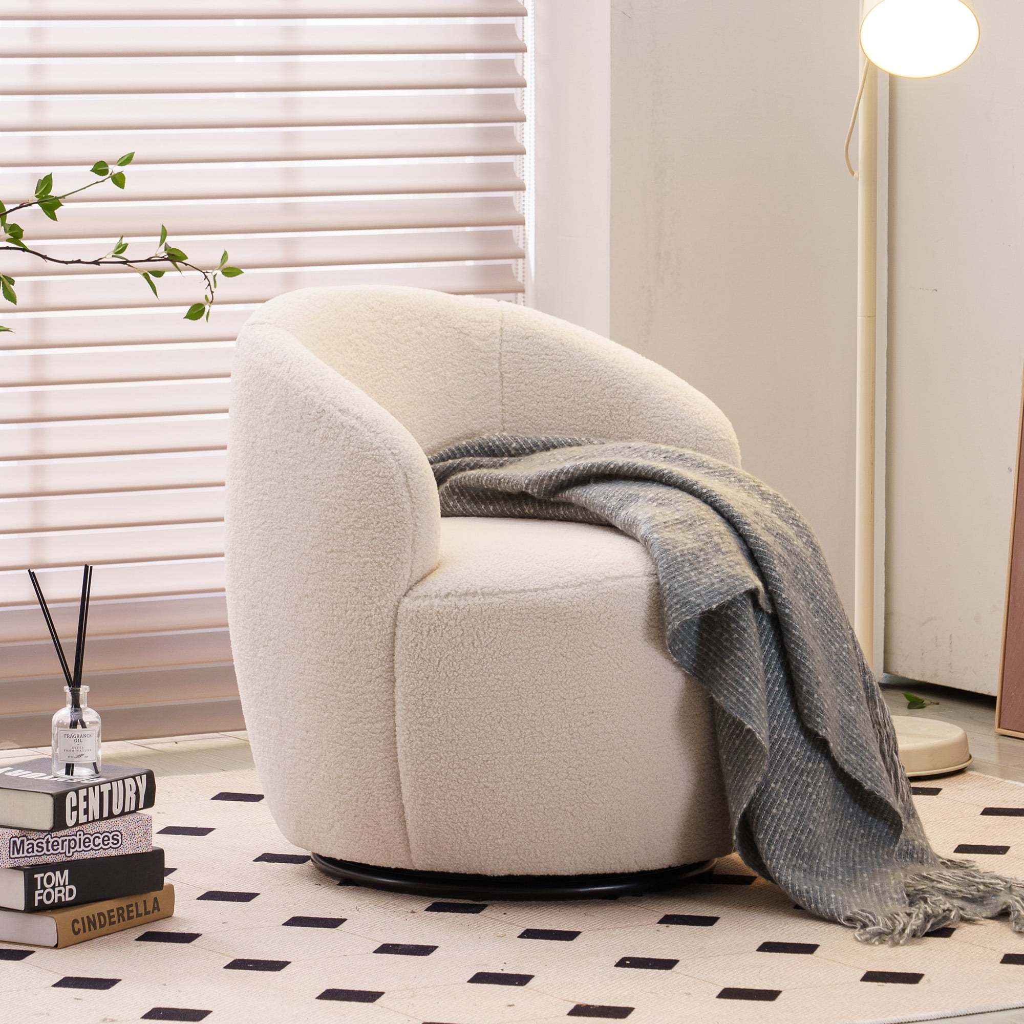 TRIPLE TREE Ivory Teddy Fabric Swivel Accent Armchair Modern