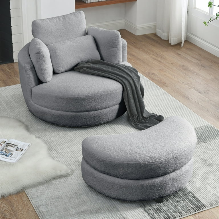 TRIPLE TREE Oversized Swivel Chair with Storage Ottoman Modern Accent Round Swivel Barrel Chairs Chaise Lounge with Four Pillows and Cushion Back for