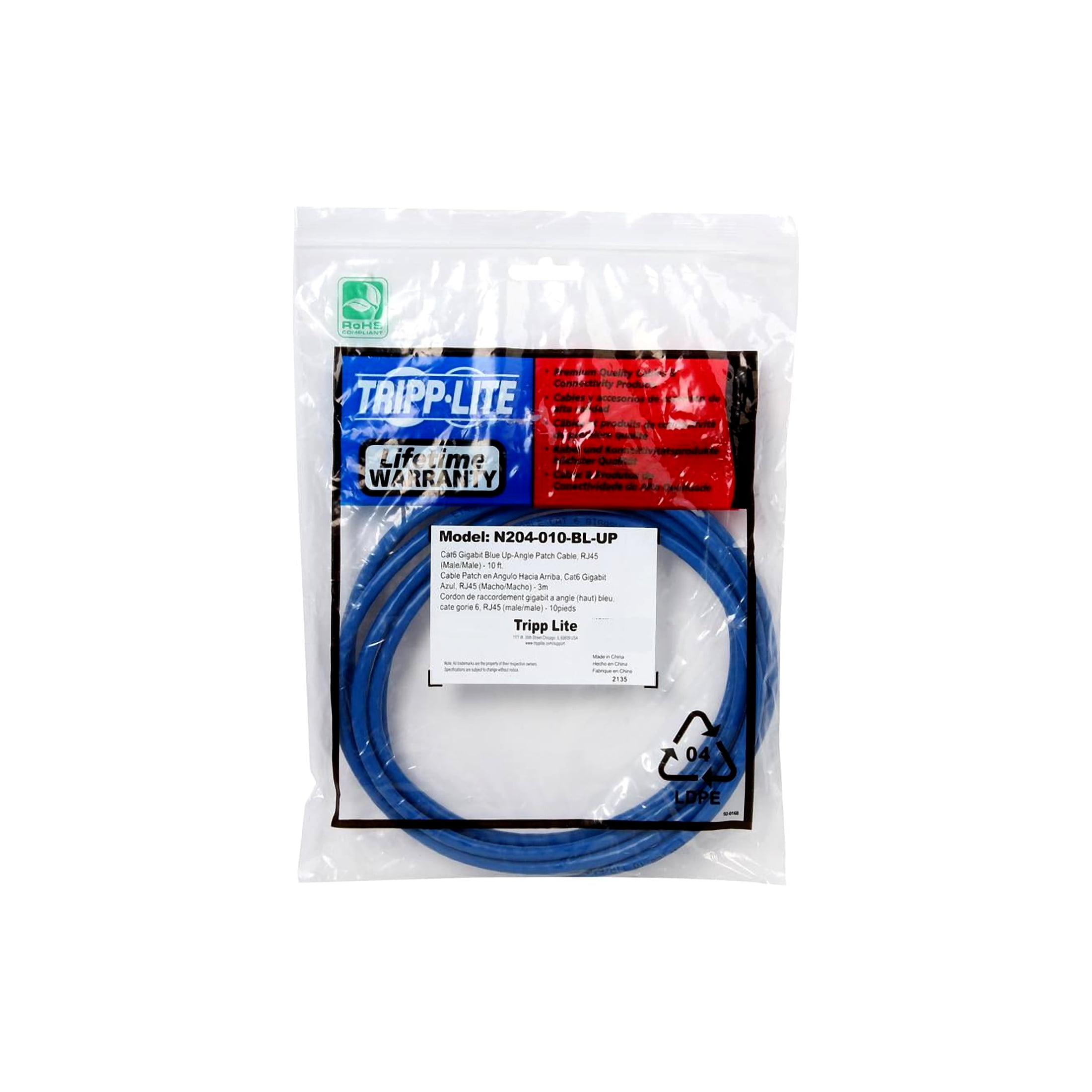 Tripp Lite 10ft Cat6 Gigabit Molded Patch Cable, Blue (RJ45 Right Angle to RJ45)