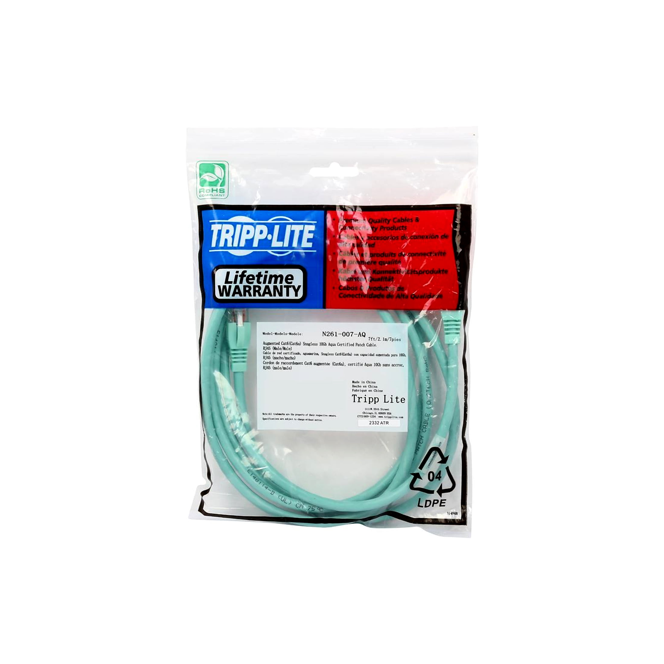 Tripp Lite Cat. 6a Utp Patch Cable - Rj-45 Male - Rj-45 Male - 7ft - Aqua Blue (n261007aq)