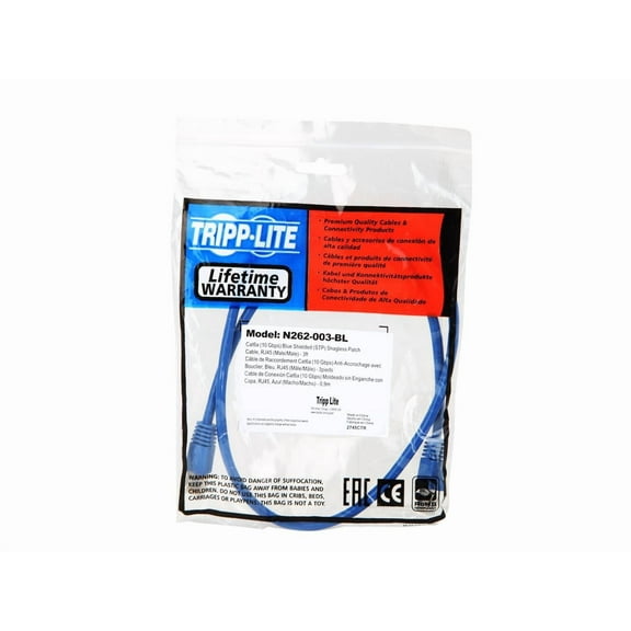 Eaton Tripp Lite Series Cat6a 10G Snagless Shielded STP Ethernet Cable RJ45 M/M PoE Blue 3 ft. 0.91 m
