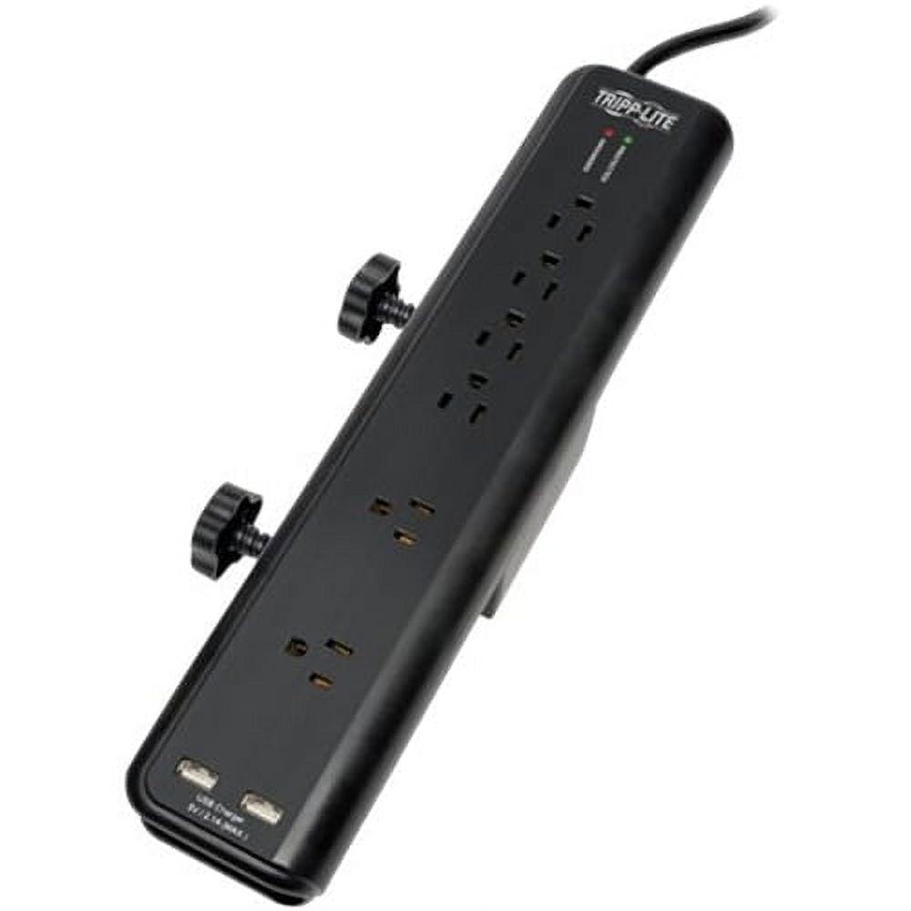 Black 6-Outlet Surge Protector with USB Ports and Clamps