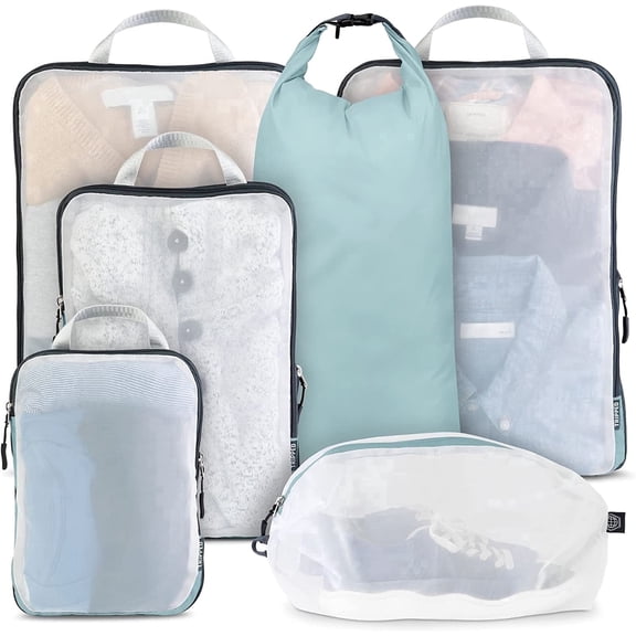 TRIPPED Travel Gear 5-Piece Large Mesh Compression Packing Cubes for Luggage, Dusty Teal