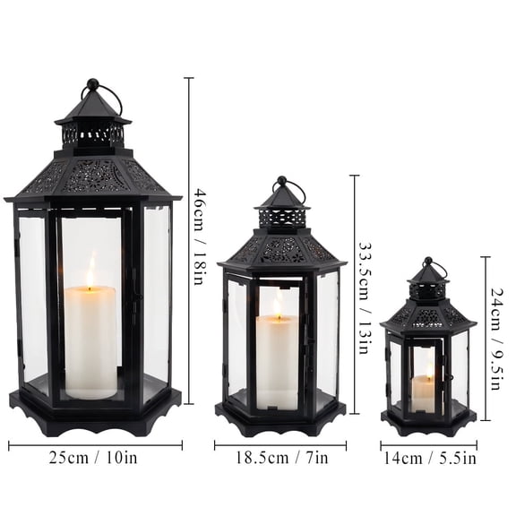 TRIROCKS Set of 3 Decorative Candle Lanterns18''&13"&10" H Hexagonal Candle Holder Vintage Metal Hanging Lantern with Tempered Glass for Garden Patio Wedding Event Indoors Outdoors(Black)