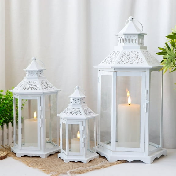 TRIROCKS Set of 3 Decorative Candle Lanterns18''&13"&10" H Hexagonal Candle Holder Vintage Metal Hanging Lantern with Tempered Glass for Garden Patio Wedding Event Indoors Outdoors