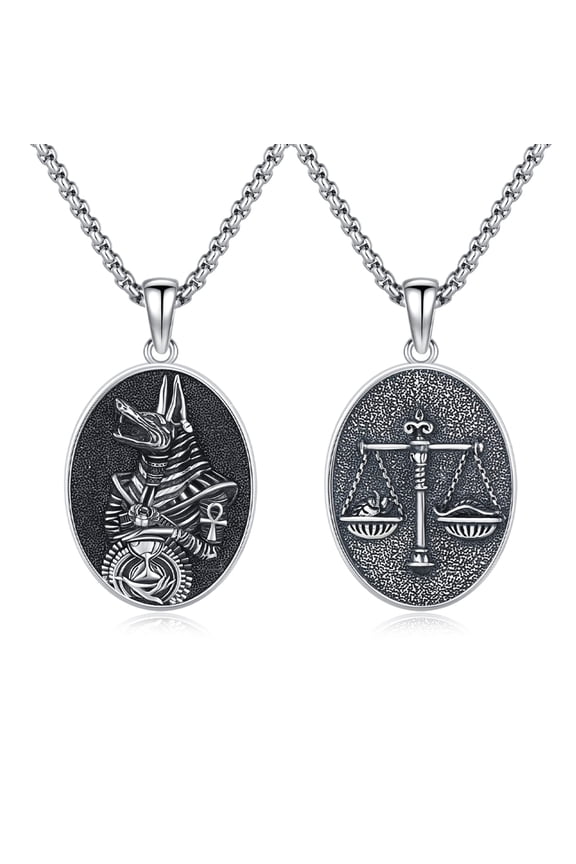 925 Silver Anubis Pendant Necklace, Egyptian Ankh Scales of Justice Vintage Jewelry Gift