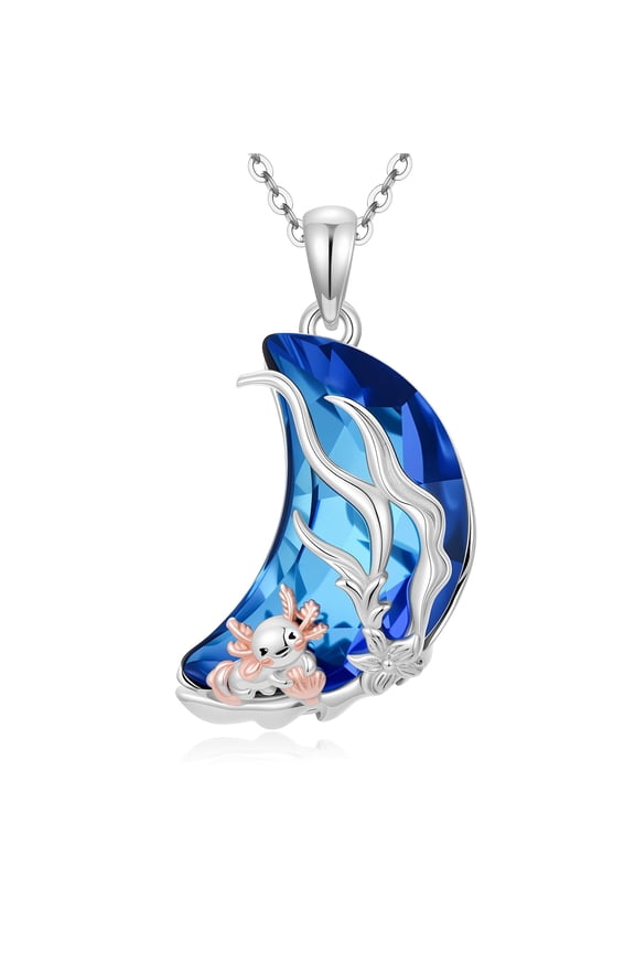 925 Silver Axolotl Moon Crystal Necklace with Blue CZ, Cute Salamander Design, 18+2 Inch Chain