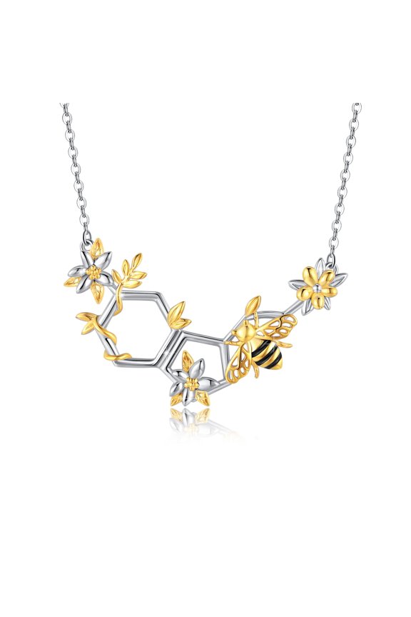 925 Silver Bee Honeycomb Daisy Necklace, Bumblebee Jewelry Gift for Wife Daughter Beekeeper